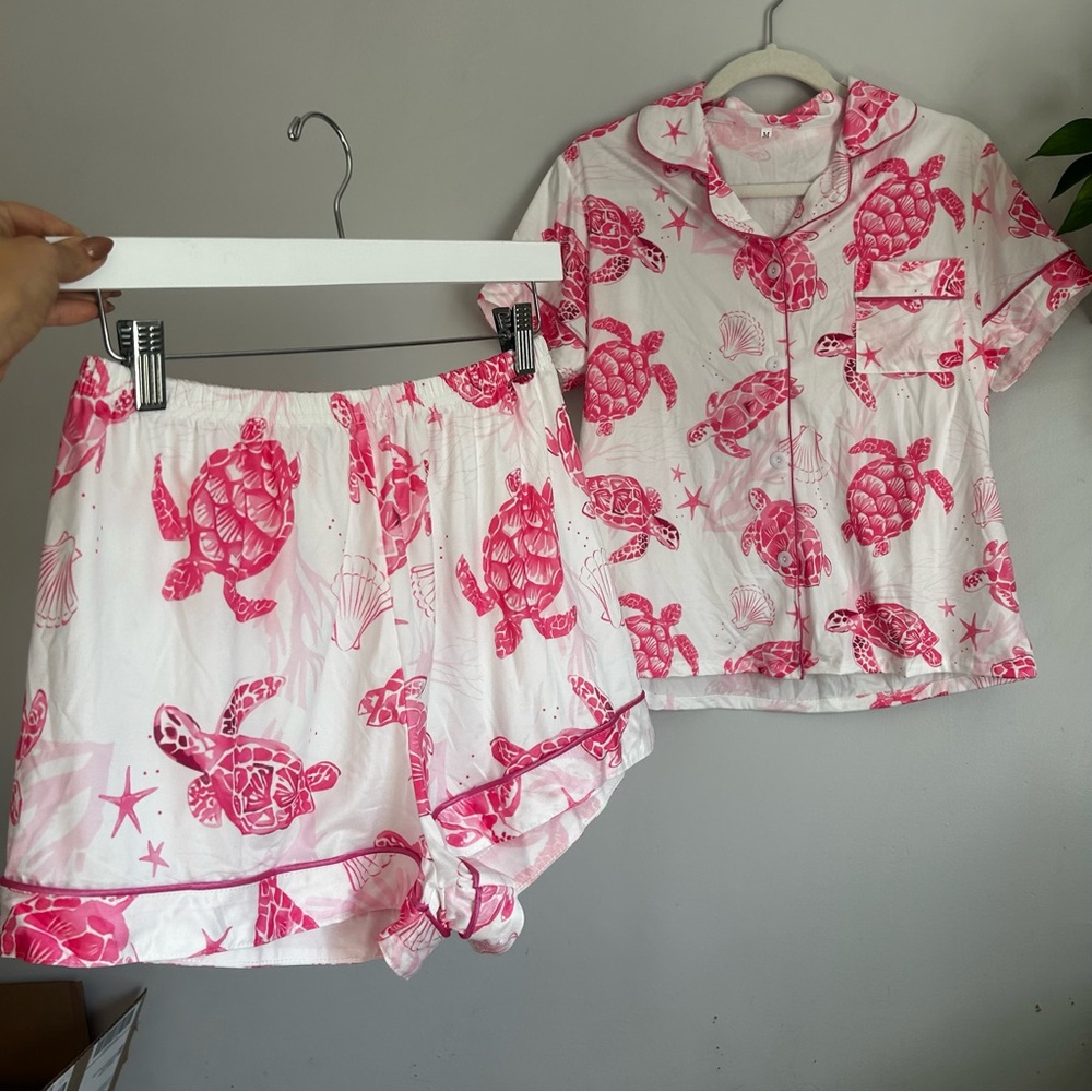 Amazon Pink Turtle Pajama Set size medium trending vacation summer pj set - Picture 6 of 12
